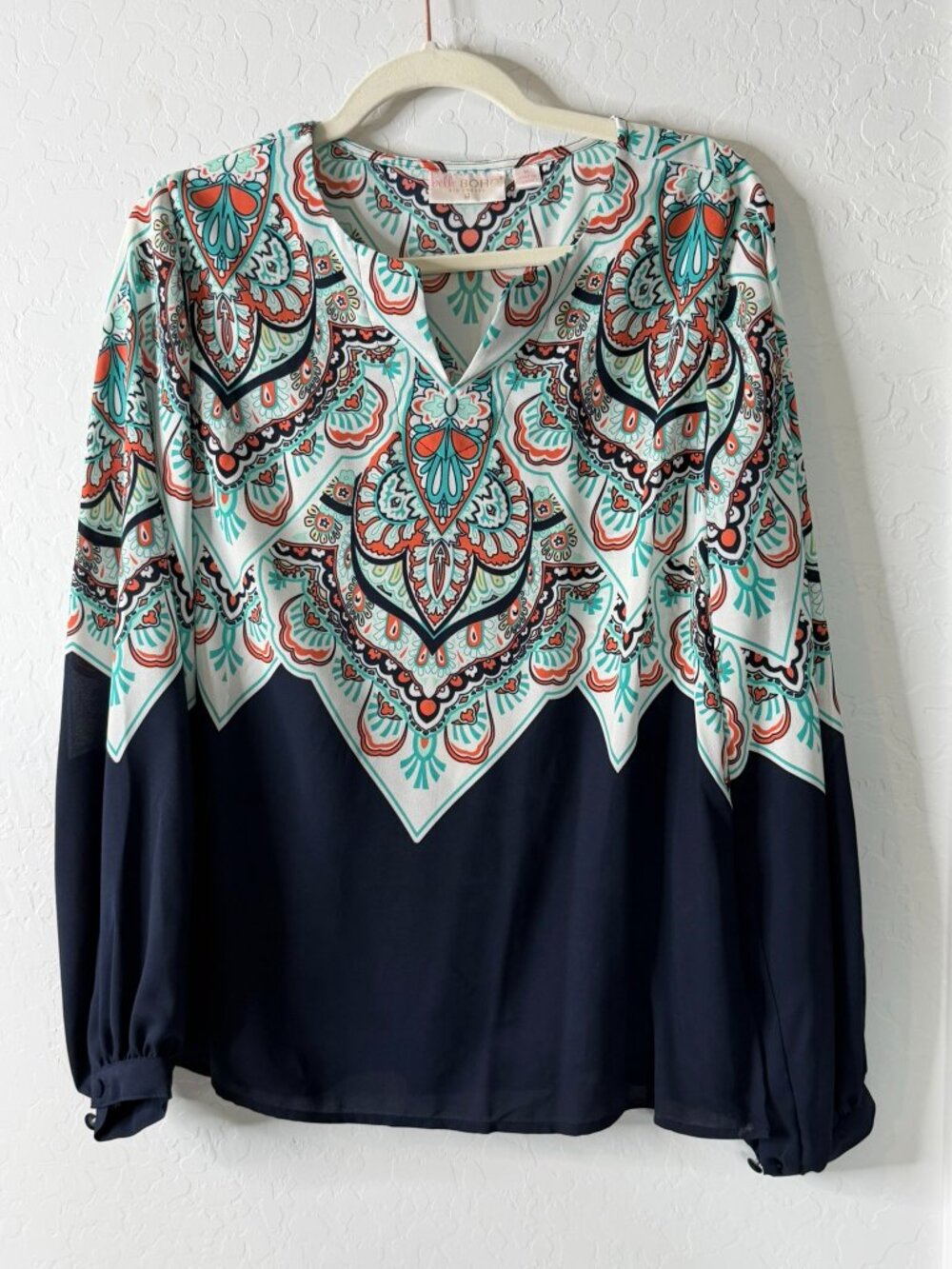 Belle by Kim Gravel Boho Medallion Print Blouse Medium | Navy Aqua Coral